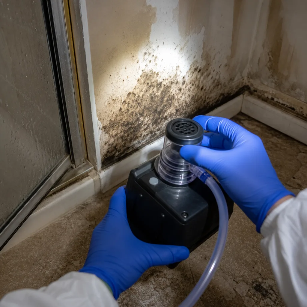 Professional performing air quality testing for residential mold remediation