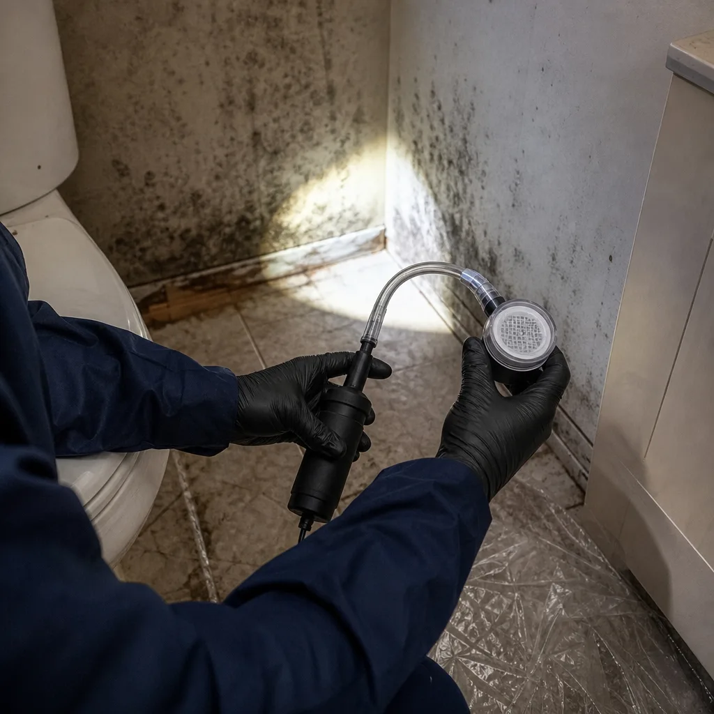 Professional technician performing mold remediation air quality testing in a bathroom