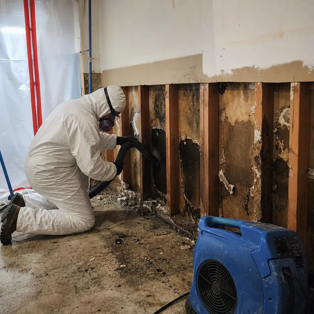 Professional technician performing mold remediation and cleanup on wall framing