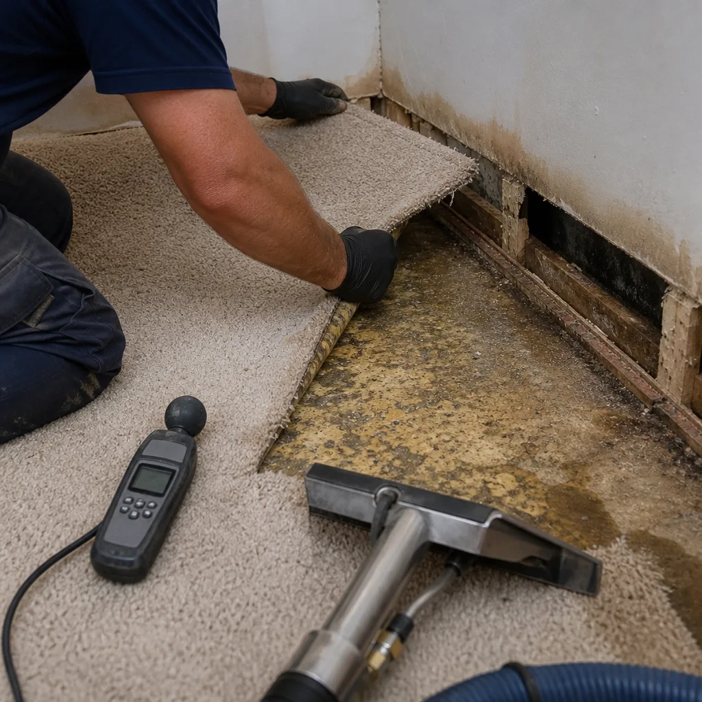 Professional performing water damage restoration and moisture testing on wet carpet.