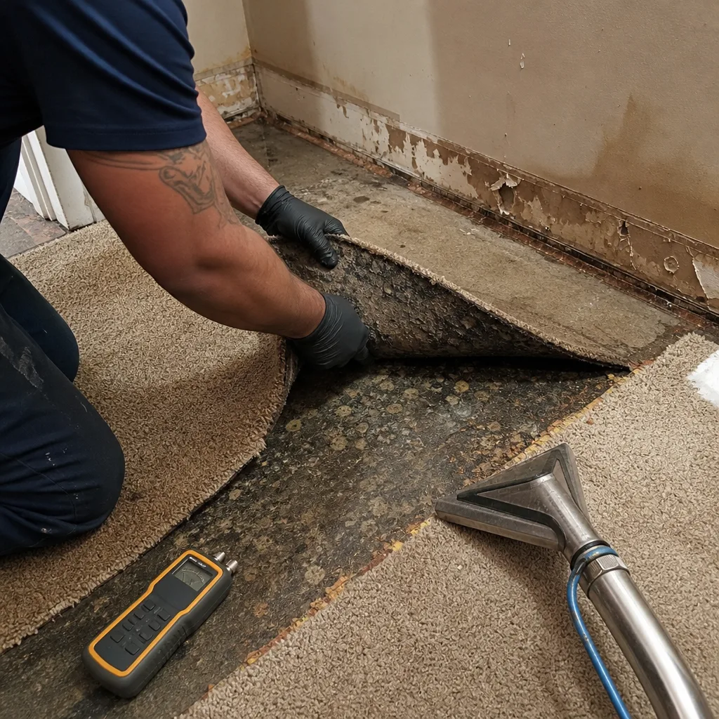 Water damage restoration technician inspecting damp subflooring under carpet