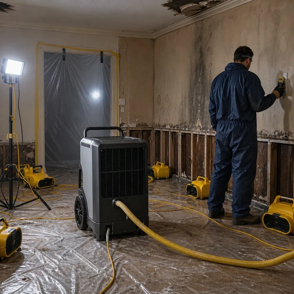 Technician using a moisture meter during professional water damage restoration services